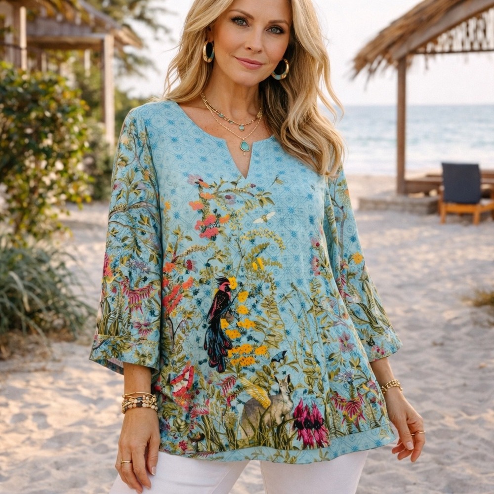 Sharon Young Blue Floral Bird Print Tunic Top Womens Small‎